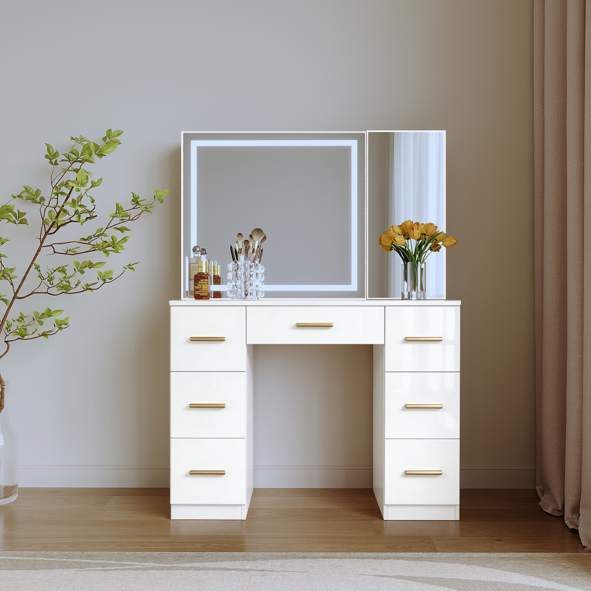 طاولة تزيين تسريحة - لون أبيض بواجهة لامعة